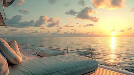 an uncovered sofa nestled on the aft deck of a superyacht, providing an unparalleled view of the Sea at sunrise, with the early morning sun casting a golden glow over the serene. - obrazy, fototapety, plakaty