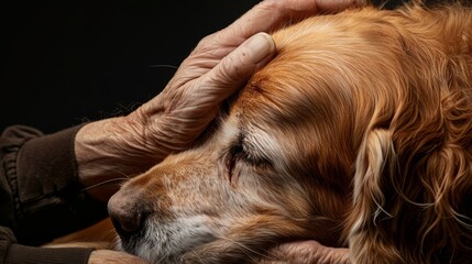 Elderly person's hand petting golden retriever dog. Close-up emotional support animal concept for poster, greeting card.