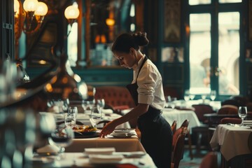 Waitress setting the table at an elegant restaurant - obrazy, fototapety, plakaty