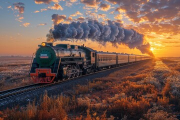 A historical steam train chugs across a countryside field against a backdrop of a dramatic sunset