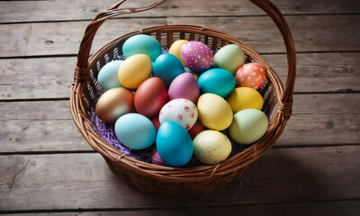 Fototapeta na wymiar large wicker basket filled with variety of colorful Easter eggs on old wooden table. Concept of Pascha or Resurrection Sunday, Christian festival and cultural holiday