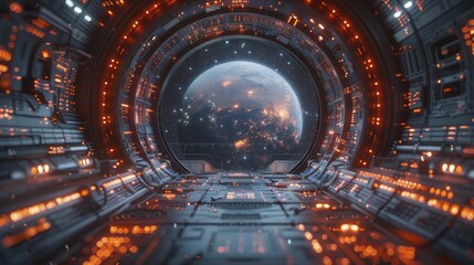 Futuristic Hologram Podium, front view focus, with an Outer Space Colony Background, ideal for sci-fi movie memorabilia product displays.