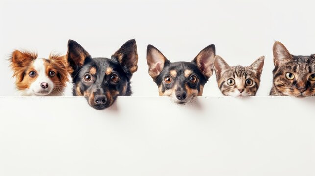 Four dogs and two cats peeking over a blank white banner.