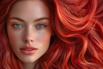 A compelling image with a young woman's red hair dramatically swirling around her captivating face