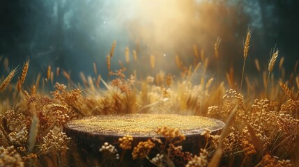 Highlighting the allure of folklore and nature, a mesmerizing Golden Wheat Podium stands against a Slavic Kupala Night Festival backdrop. - obrazy, fototapety, plakaty