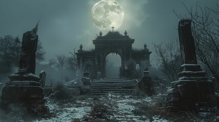 Featuring a Gothic Wrought Iron Podium against a Moonlit Medieval Graveyard, perfect for showcasing dark fantasy book products.