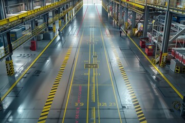 Elevated View of a Spacious Industrial Facility Floor Marked with Safety Lines and Signage, Guiding Workers and Visitors Alike.