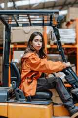 Fototapeta na wymiar Portrait of female warehouse worker working in logistic commercial storage interior retail goods boxes supply. Woman storehouse employee manager at work, distribution, industrial sorting and delivery.