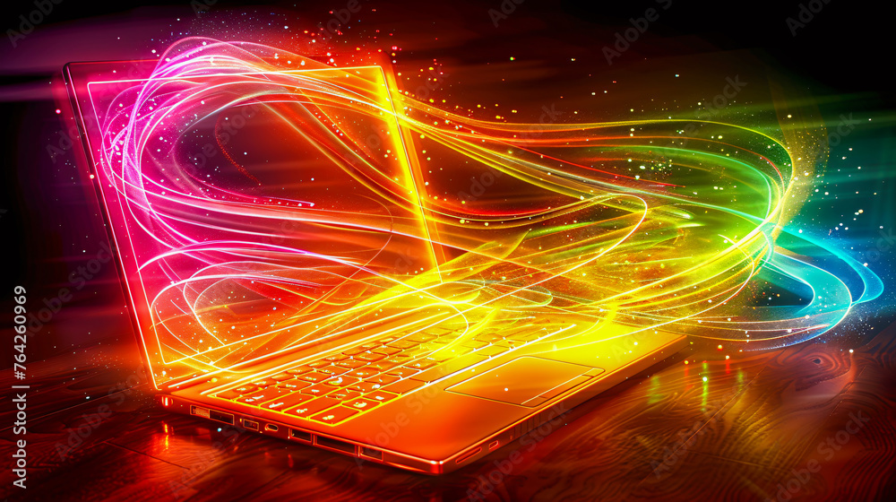 Wall mural digital laptop technology and networking, modern computing background