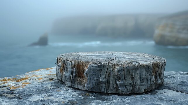 Enhance your seaside-themed decor with a captivating Mystical Driftwood Podium against a misty coastal backdrop, perfect for ocean-inspired showcases.