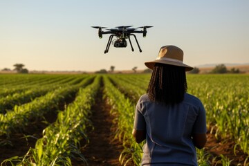 A remote control woman controls a drone on a field. The concept of modern technologies in agricultural business