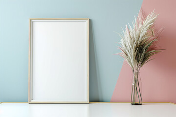 Gracefully positioned on a muted pastel wall, an empty blank frame mockup encourages soft and...