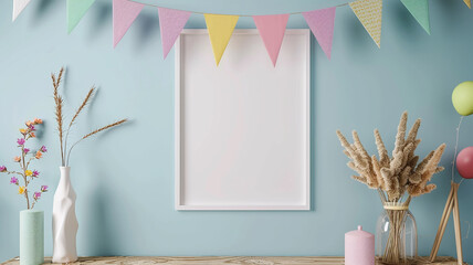 A blank frame mockup hanging on a wall adorned with strings of colorful bunting flags, adding a...