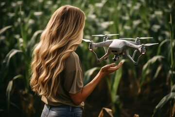 A remote control woman controls a drone on a field. The concept of modern technologies in agricultural business