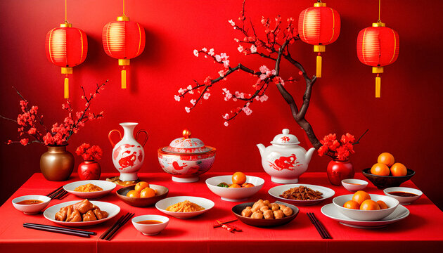 Chinese Lunar New Year dining table, conceptual photo, professional photography