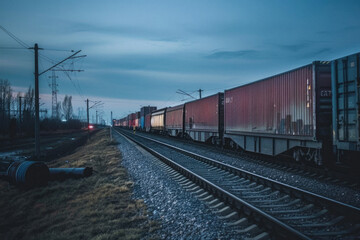 Fototapeta na wymiar Freight train carrying cargo containers by railway. Cargo containers shipping transportation. Distribution and freight transportation using railroads. Logistics, international trade.