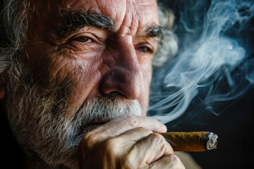 A close-up portrait of a man smoking a cigar, with a smirk on his face. The expression and cigar are often associated with a boss-like or authoritative figure