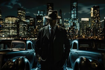 A man in a suit and fedora hat, standing between two vintage cars against a backdrop of a night city skyline. This image has elements of the gangster genre, with luxury and the hint of a storyline set - obrazy, fototapety, plakaty