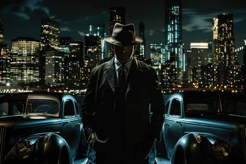 Fotobehang A man in a suit and fedora hat, standing between two vintage cars against a backdrop of a night city skyline. This image has elements of the gangster genre, with luxury and the hint of a storyline set © romanets_v