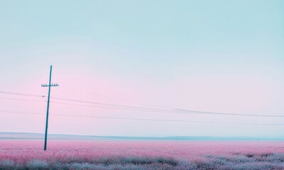 Pink abstract background with Electric Power Pole, pink and blue hills, fields of grass, fading,...