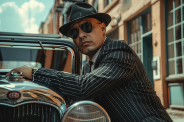 A tough guy in pinstripe attire, leaning confidently on a classic car. This setting and posture are reminiscent of 1920s to 1940s mobster films