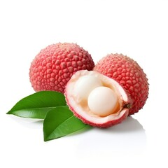 Juicy Lychee cut in half and leaves isolated on a white background.