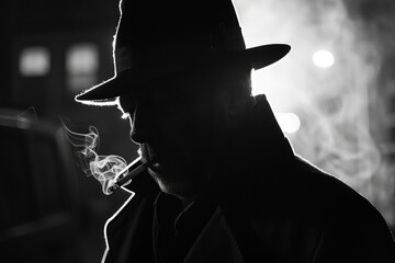 A silhouette of a man with a fedora hat and trench coat, lit in a way to obscure his face, creating a sense of mystery. He appears to be lighting or holding a cigarette, a classic noir element - obrazy, fototapety, plakaty