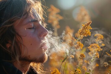 A serene image capturing the golden sunlight filtering through smoke around delicate yellow flowers - obrazy, fototapety, plakaty