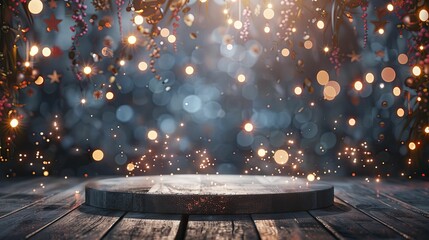 Featuring a dazzling Firework Podium set against a vibrant New Year's Eve backdrop, perfect for showcasing festive party supplies. - obrazy, fototapety, plakaty