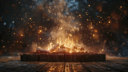 Capture the enchanting allure of a starlit evening with a front-facing view of the podium against a Bonfire Night Celebration backdrop. Ideal for showcasing outdoor heating and fire pit products. - obrazy, fototapety, plakaty