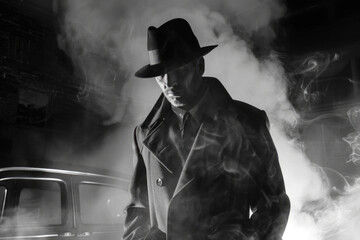 A black and white image focusing on a man in a trench coat and fedora, shrouded in smoke, which...