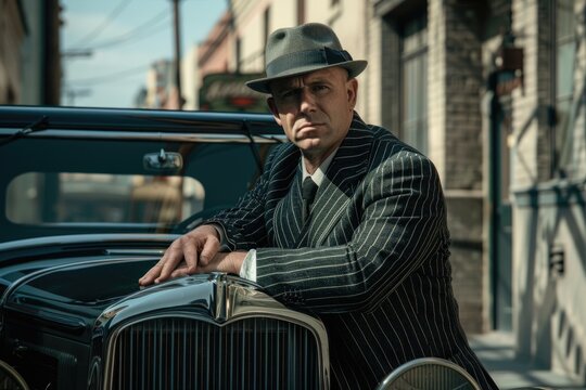 A tough guy in pinstripe attire, leaning confidently on a classic car. This setting and posture are reminiscent of 1920s to 1940s mobster films