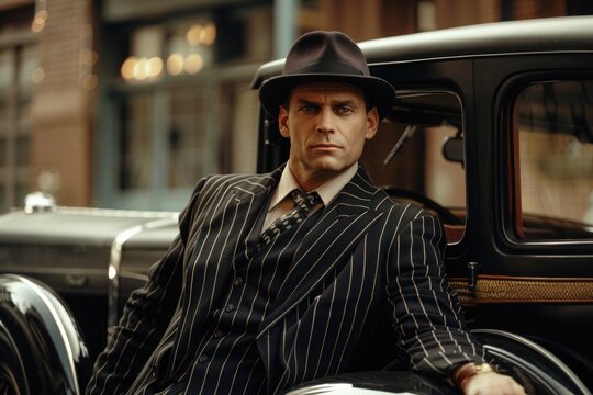A tough guy in pinstripe attire, leaning confidently on a classic car. This setting and posture are reminiscent of 1920s to 1940s mobster films