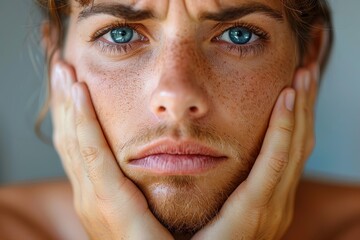 A close-up of a man with his hands on his face, depicted in a moment of worry or deep thought - obrazy, fototapety, plakaty