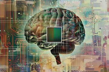 A graphic representation of a human brain, overlaid with a grid and microcircuit patterns. In the center is a square microchip, symbolizing the merging of human intelligence with digital computing