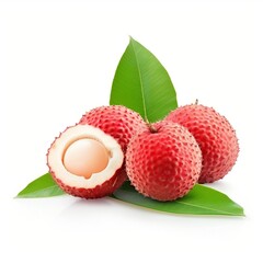 Juicy Lychee cut in half and leaves isolated on a white background.