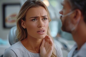 A woman expressing concern while discussing with a male dentist in an office setting, conveying a sense of anxiety and discomfort