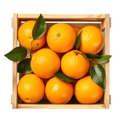 fresh oranges in wooden crate isolated on transparent or white background, png
