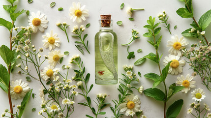 A minimalist composition featuring a glass bottle filled with chamomile extract, surrounded by fresh chamomile flowers and green foliage, conveying the purity and natural beauty of
