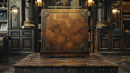 Vintage Distressed Leather Podium, front view focus, with a Classic Speakeasy Interior Background, ideal for heritage leather goods product displays.