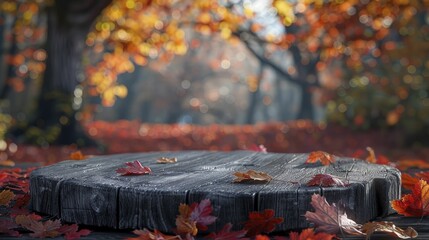 Enhance your cozy home decor displays with a rustic New England fall background on a warm autumnal wood podium.