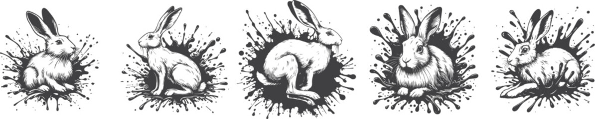 five hare, rabbits in paint splatter black and white vector set © Luka
