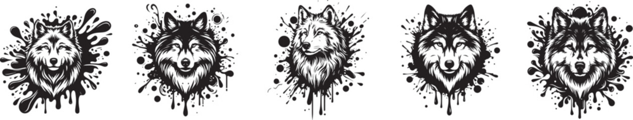 five wolf portraits in paint splash vector set