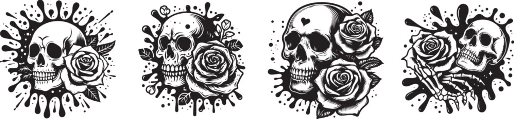 four skulls with roses paint splash vector set