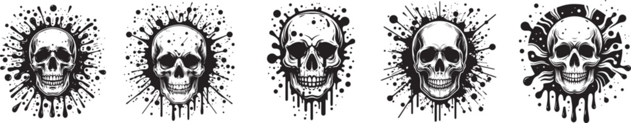 black and white skull on the paint splash vector set