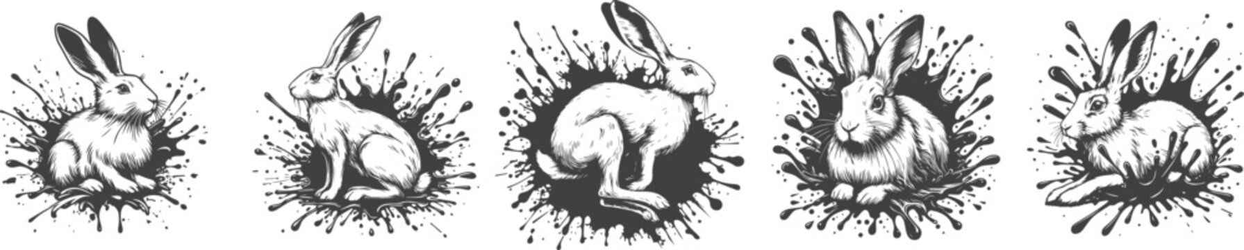 five hare, rabbits in paint splatter black and white vector set