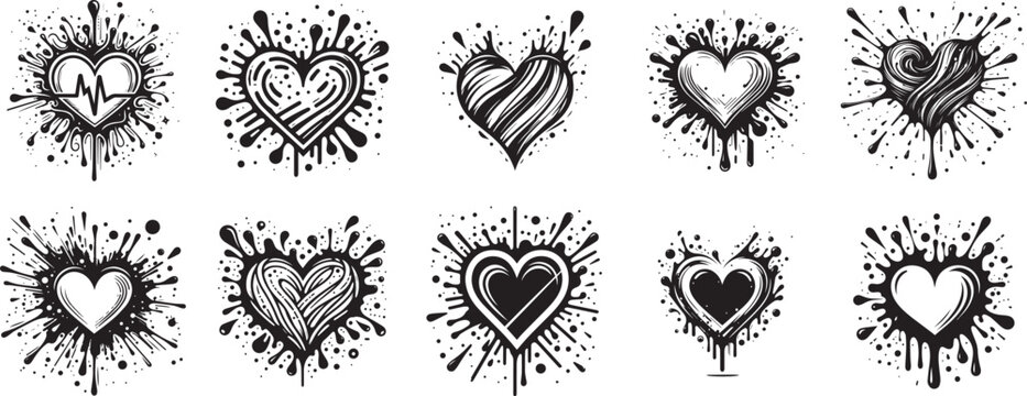 ten hearts in paint black and white vector graphics