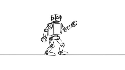 Continuous one line drawing toy robot for kids. Retro robot vintage toys. Metal computer man or cyborgs. Friendly mechanism. Children's toy robot. Single line draw design vector graphic illustration