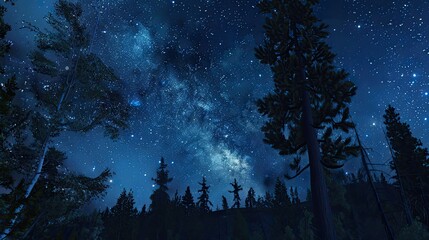 Fototapeta na wymiar a blue dark night sky adorned with countless stars, stretching over a vast field of trees in Park, with the Milky Way galaxy painting the celestial canvas in the background.