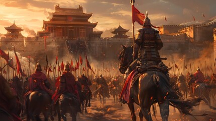 Ancient Chinese Hero Leads Charge at Golden Hour: Battlefield Drama - obrazy, fototapety, plakaty
